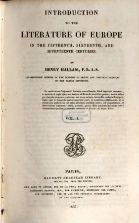 Introduction to the literature of Europe in the fifteenth, sixteenth, and seventeenth centuries, 1