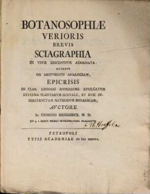 Botanosophiae Verioris Brevis Sciagraphia : In Vsvm Discenticm Adornata
