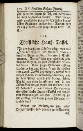 XXI. Christliche Hauß-Taffel. - XXII. Wie ein Ehegatte dem andern zur Sünde gerathe.