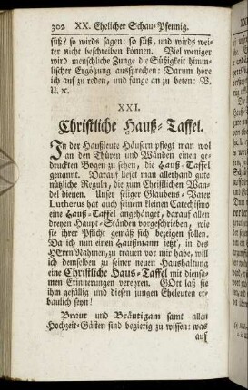 XXI. Christliche Hauß-Taffel. - XXII. Wie ein Ehegatte dem andern zur Sünde gerathe.