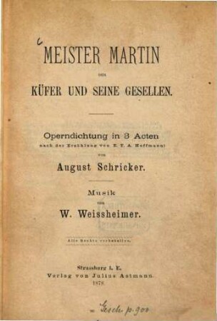 Meister Martin der Küfer und seine Gesellen : Operndichtung in 3 Acten