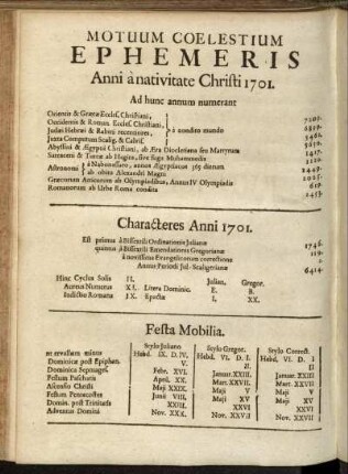 Motuum Coelestium Ephemeris Anni a nativitate Christi 1701