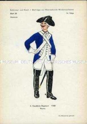 Uniformdarstellung, Gemeiner des 4. Kavallerie-Regiments, Kurfürstentum Hannover, 1788.