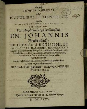 Disputatio Iuridica, De Pignoribus Et Hypothecis