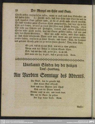 Am Vierdten Sonntage des Advents : Unerkannte Sünden bey der heiligen Tauf-Handlung