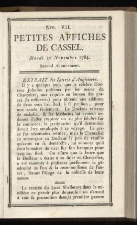 No VII (Mardi 30 Novembre 1784)