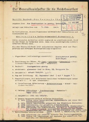 Stadttheater, Aussig: Fragebogen für das Handbuch »Das Deutsche Theater«, erste Fassung, vierseitiges Dokument