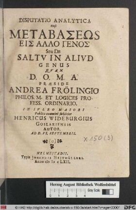 Disputatio Analytica Peri Metabaseōs Eis Allo Genos Seu De Saltu In Aliud Genus