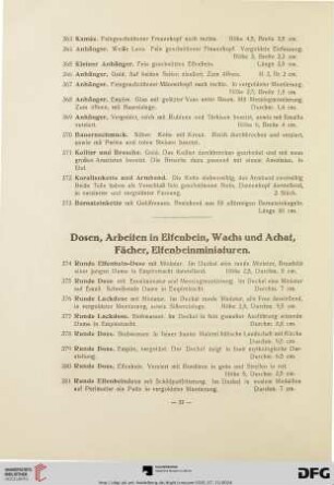 Dosen, Arbeiten in Elfenbein, Wachs und Achat, Fächer, Elfenbeinminiaturen (Nr. 374-451)