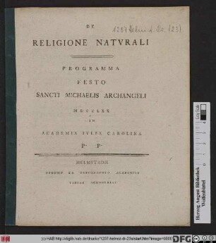 De Religione Natvrali : Programma Festo Sancti Michaelis Archangeli MDCCLXX In Academia Ivlia Carolina P.P.