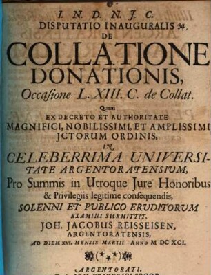 Disputatio inauguralis De collatione donationis : occasione l. XIII. C. de collat.