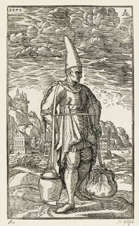 Wasserträger, aus: Melchior Lorch, "Des Weitberühmten Kunstreichen und Wolerfahrnen herrn Melchior Lorichs, Flensburgensis Wolgerissene und geschnittene Figuren zu Ross und Fuss sampt schönen Türkischen Gebäuden und allerhand was in der Türkey ze sehen", Hamburg 1626
