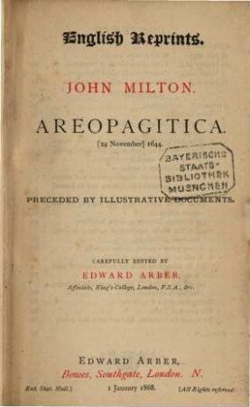 Areopagitica : (24 november) 1644 ; preceded by illustrative documents