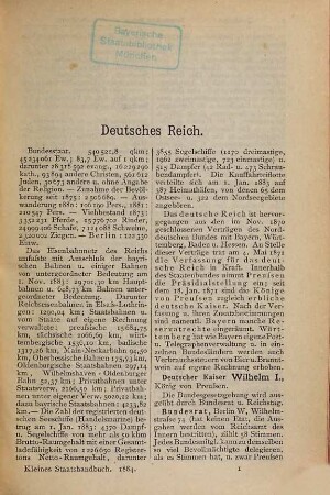 Kleines Staatshandbuch des Reichs und der Einzelstaaten : nach amtl. u. anderen zuverlässigen Quellen zsgest. 2. 1884