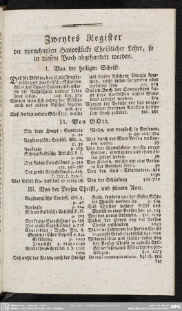 Zweytes Register der vornehmsten Hauptstücke Christlicher Lehre, so in diesem Buch abgehandelt werden