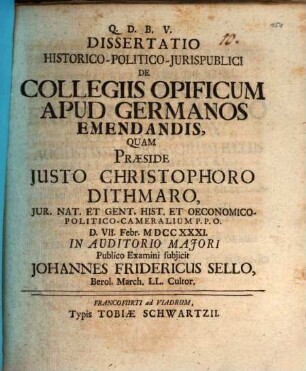 Dissertatio Historico-Politico-Jurispublici De Collegiis Opificum Apud Germanos Emendandis