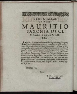 Serenissimo Principi Mauritio Saxoniæ Duci. Magni Electoris Filio.