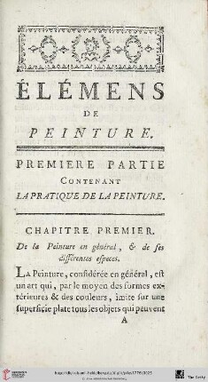 Chapitre premier: De la Peinture en général, & de ses différentes especes