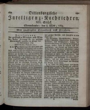 XIX. Stück. Sonnabends: den 8. May, 1784.