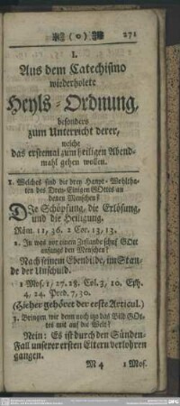 I. Aus dem Catechsimo wiederholete Heyls-Ordnung, besonders zum Unterricht derer, welche das erstemal zum heiligen Abendmahl gehen wollen