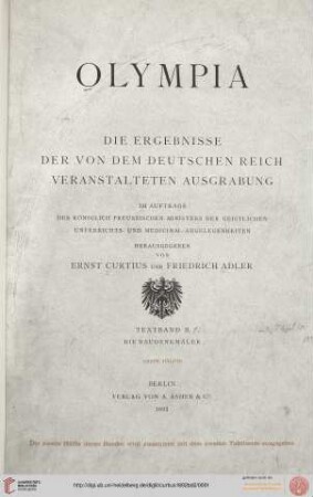Textband 2: Olympia: die Ergebnisse der von dem Deutschen Reich veranstalteten Ausgrabung: Die Baudenkmäler