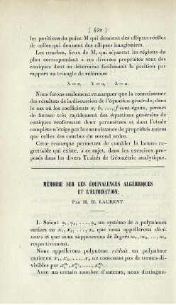 Mémoire sur les équivalences algébriques et l'élimination.