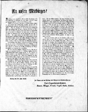 An unsere Mitbürger! Der Bürgerwehr-Artillerie-Verein fühlt sich gedrungen, allen seinen Mitbürgern eine Eröffnung ... zu machen. (Sammlung Friedlaender)