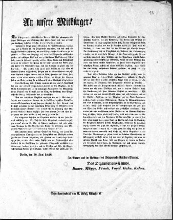 An unsere Mitbürger! Der Bürgerwehr-Artillerie-Verein fühlt sich gedrungen, allen seinen Mitbürgern eine Eröffnung ... zu machen. (Sammlung Friedlaender)