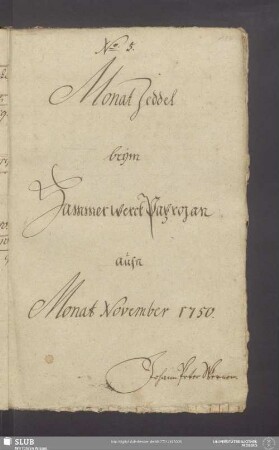 Monat Zeddel beÿm Hammerwerck Paprozan aufn Monat November 1750