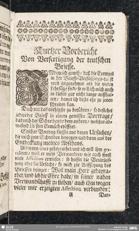 Kurtzer Vorbericht. Von Verfertigung der teutschen Brieffe