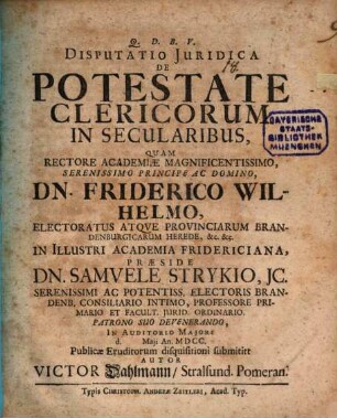 Disputatio Iuridica De Potestate Clericorum In Secularibus