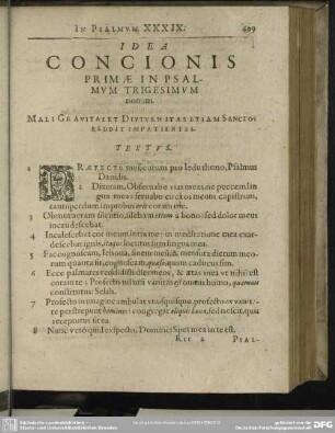 Idea Concionis Primae In Psalmum Trigesimum nonum