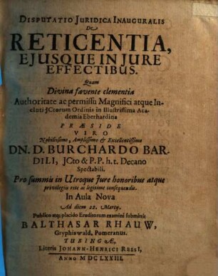 Disputatio Iuridica Inauguralis de reticentia eiusque in iure effectibus