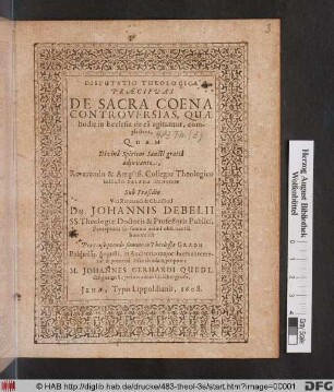 Disputatio Theologica Praecipuas De Sacra Coena Controversias, Quae hodie in Ecclesia de ea agitantur, complectens