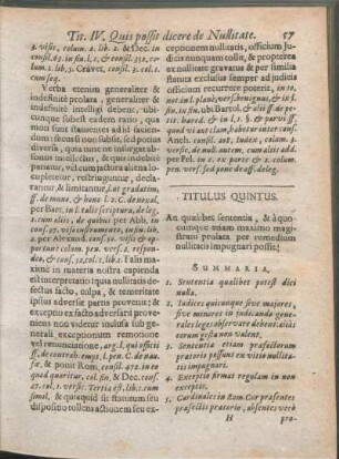 Titulus Quintus. An quælibet sententia, & à quocumque etiam maximo magistratu prolata per remedium nullitatis impugnari possit.