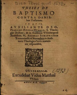 Theses De Baptismo Contra Danielem Tossanum