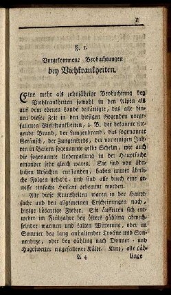 §. 1. Vorgekommene Beobachtungen bey Viehkrankheiten