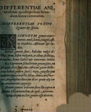 Differentiae Animalivm Qvadrvpedvm Secvndvm Locos Communes : Opus ad animalium cognitionem apprime conducibile
