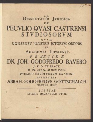 Dissertatio Iuridica De Peculio Quasi Castrensi Studiosorum
