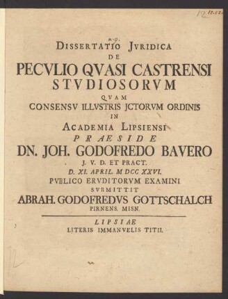 Dissertatio Iuridica De Peculio Quasi Castrensi Studiosorum