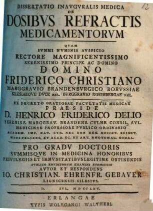 Dissertatio Inauguralis Medica De Dosibus Refractis Medicamentorum