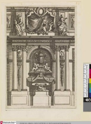 [Grabmal mit einer Urne darüber in einer Nische eine betende Figure flankiert von zwei weiblichen Skulpturen; Tombeau surmonté d'une urne, avec deux enfants pleurant]