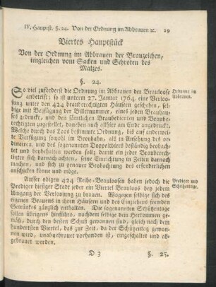 Viertes Hauptstück Von der Ordnung im Abbrauen der Brauzeichen, imgleichen vom Sacken und Schroten des Malzes.