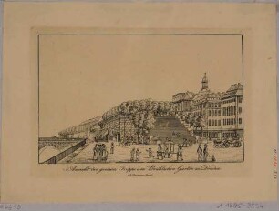 Dresden, die Treppe zur Brühlschen Terrasse vom Schlossplatz nach Osten, rechts das Fürstenbergische Haus (Finanzhaus) und das Palais Brühl (um 1900 für Ständehaus abgerissen)