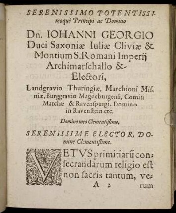 Serenissimo Potentissimoque Principi ac Domino Dn. Iohanni Georgio Duci Saxoniæ [...]