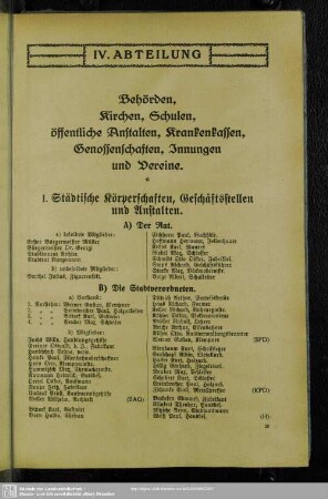 I. Behördenverzeichnis : Städtische Körperschaften, Geschäftsstellen und Anstalten