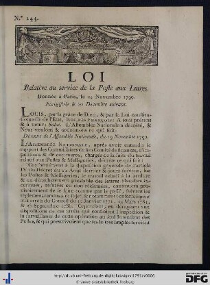 Loi Relative au service de la Poste aux Lettres.