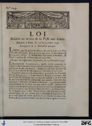 Loi Relative au service de la Poste aux Lettres.