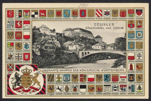 376, Tübingen. Alleenbrücke und Schloss. Oberamts-Wappen des Königreichs Württemberg.