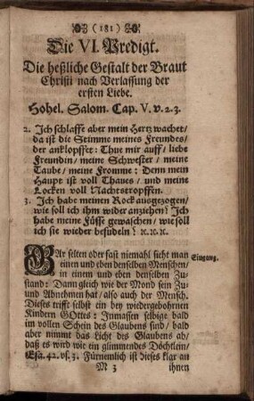 Die VI. Predigt. Die heßliche Gestalt der Braut Christi nach Verlassung der ersten Liebe.
